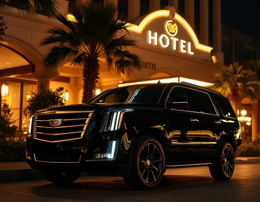 Black luxury SUV at hotel entrance